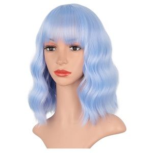 Blue Wig | Short wavy curly bob bangs |OS